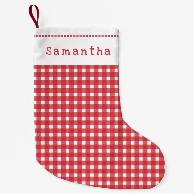 Red Gingham Merry Christmas Holiday Personalised Small Christmas Stocking (Front)