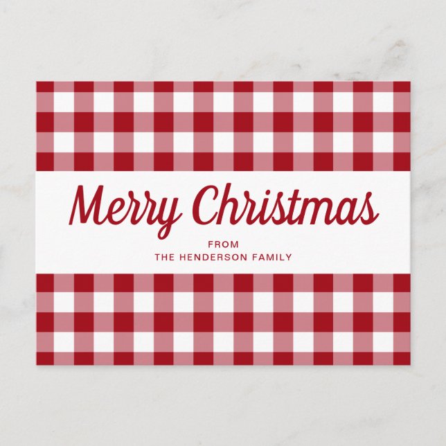 Red Gingham Merry Christmas Script  Postcard (Front)