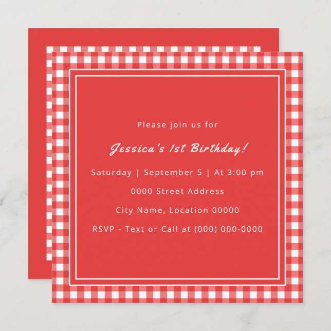 Red Gingham Monogram Birthday Party Invitation (Front/Back)