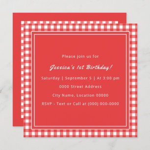 Red Gingham Monogram Birthday Party Invitation