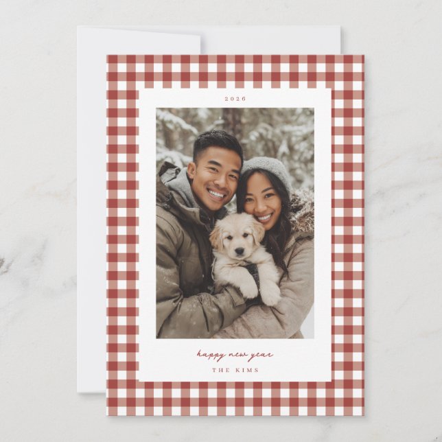 Red Gingham New Year Photo Holiday Card (Front)