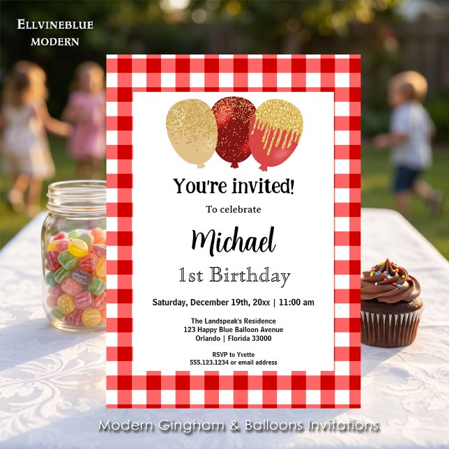 Red Gingham, Party Balloons 1st Birthday Invitation (Red gingham balloon invitations! For 1st Birthday or any birthday. Size 5” x 7”.)