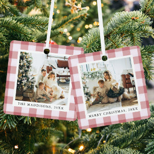 Red Gingham Pattern Christmas Family Photos Metal Tree Decoration