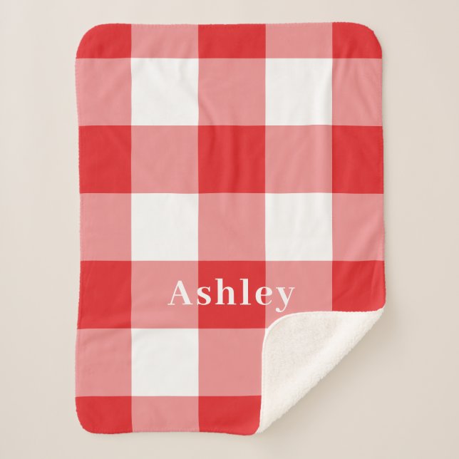 Red Gingham Pattern Monogram Name Sherpa Blanket (Front)