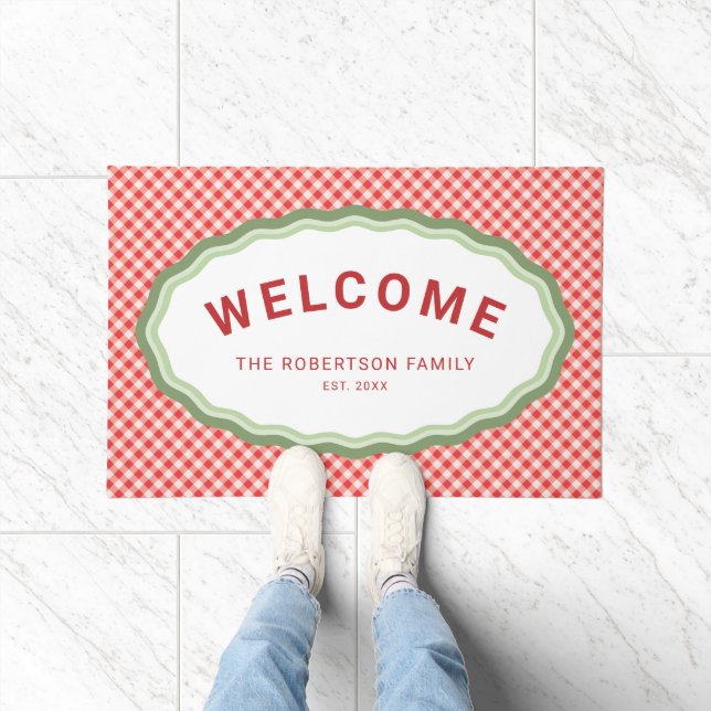 Red Gingham Personalised Christmas Holiday Welcome Doormat (Indoor)