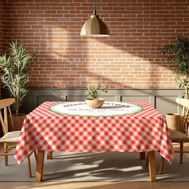 Red Gingham Personalised Merry Christmas Holiday Tablecloth (Creator Uploaded)