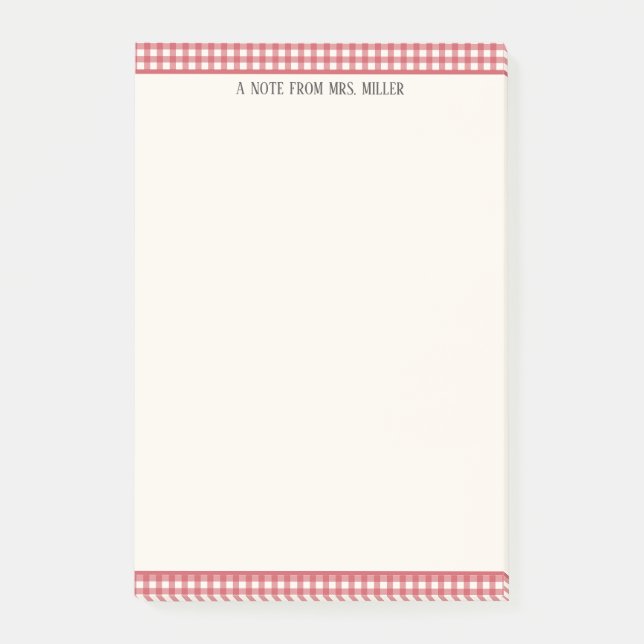 Red Gingham Personalised Teacher Post-it Notes (Front)