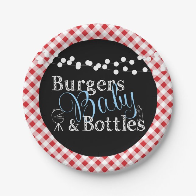 Red Gingham Picnic Babyq BBQ Boy Baby Shower Paper Plate (Front)