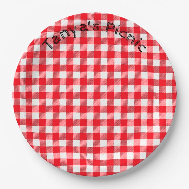 Red Gingham Picnic Print Baby Birthday Party Paper Plate (Front)