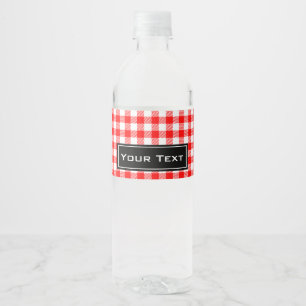 Red gingham picnic tablecloth print water bottle label