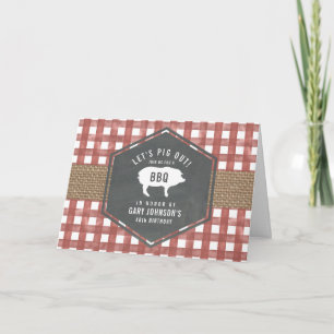 Red Gingham Pig Burlap Birthday Bbq Invitation