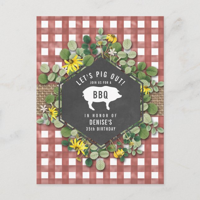 Red Gingham Pig Burlap Floral Birthday Bbq Postcard (Front)