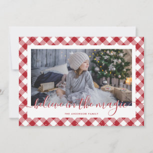 Red Gingham Plaid Believe In the Magic Photo Holiday Card