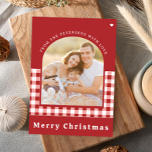 Red gingham plaid family photo Merry Christmas