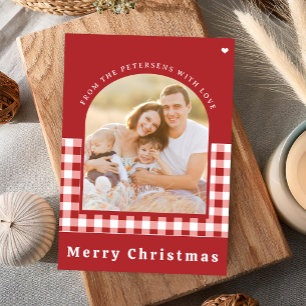 Red gingham plaid family photo Merry Christmas Holiday Card
