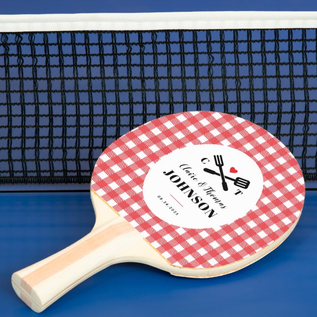 Red Gingham Plaid Grill Monogram Wedding Ping Pong Paddle (Insitu)