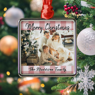 Red Gingham Plaid Merry Christmas Script Photo  Metal Tree Decoration