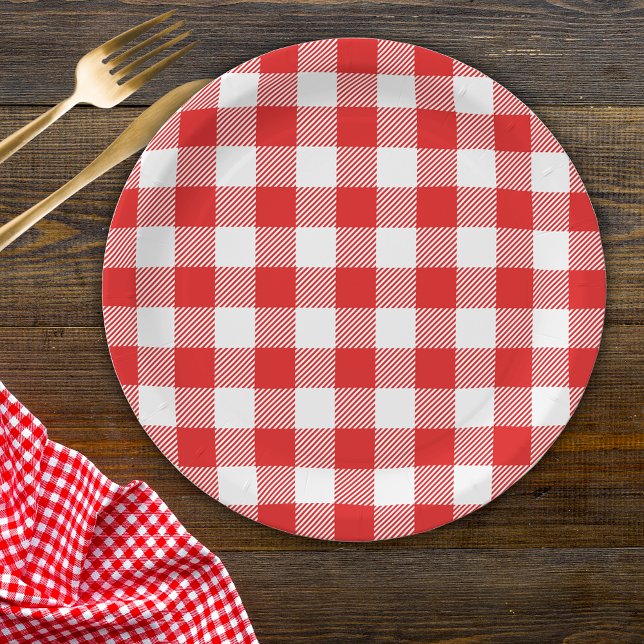 Red Gingham Plaid Pattern Paper Plate (Creator Uploaded)