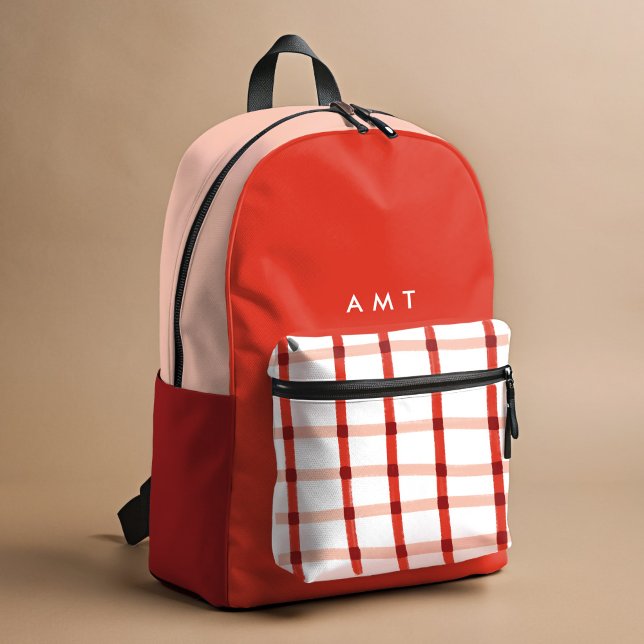 Red Gingham Plaid Personalised Name Initials Printed Backpack (Red and white hand-drawn plaid personalized school backpack.)