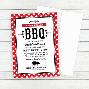 Red Gingham Plaid Pig Roast BBQ Birthday Party Invitation