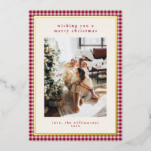 Red Gingham Plaid Portrait Photo Christmas Gold