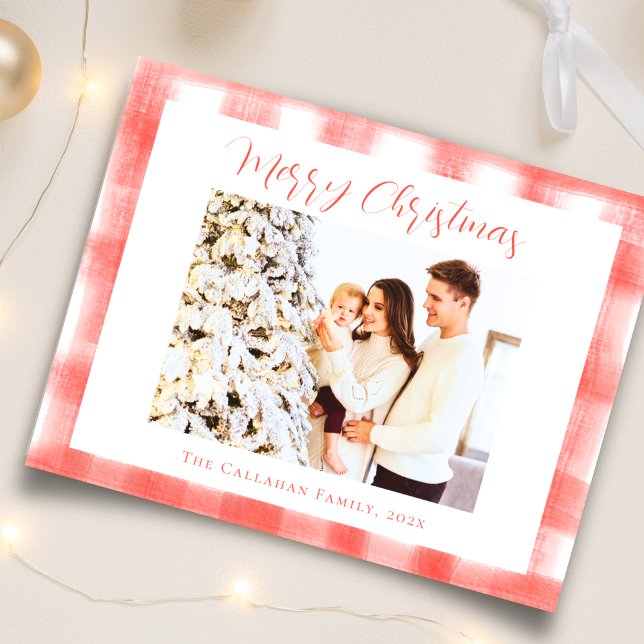 Red Gingham Plaid Watercolor Photo Christmas Holiday Card (Creator Uploaded)