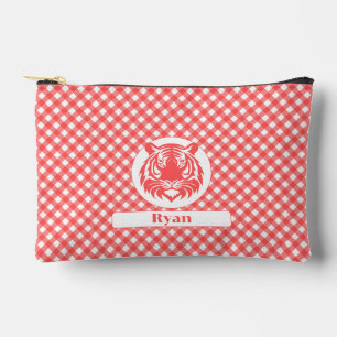 Red Gingham Plaid with Red Tiger Head and Name Accessory Pouch