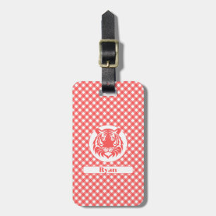 Red Gingham Plaid with Red Tiger Head and Name Luggage Tag