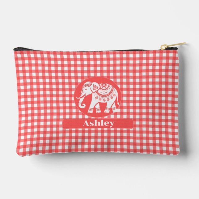 Red Gingham Plaid with White Elephant and Name Accessory Pouch (Back)
