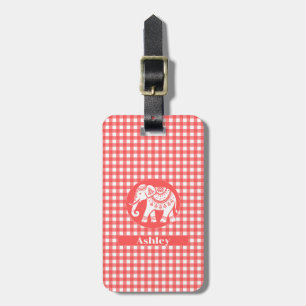 Red Gingham Plaid with White Elephant and Name Luggage Tag