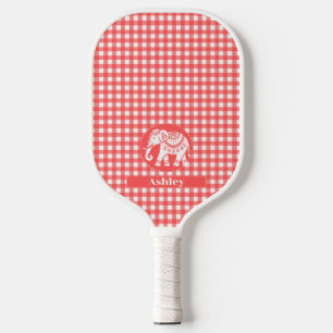 Red Gingham Plaid with White Elephant and Name Pickleball Paddle