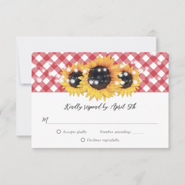 Red Gingham Rustic Sunflower Wedding RSVP Card (Front)