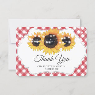 Red Gingham Rustic Sunflower Wedding Thank You Card