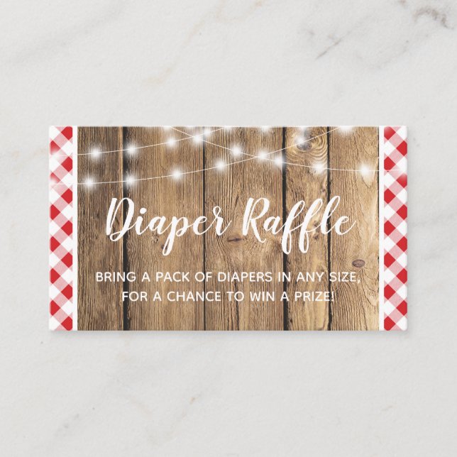 Red Gingham Rustic Wood Baby Shower Diaper Raffle Enclosure Card (Front)
