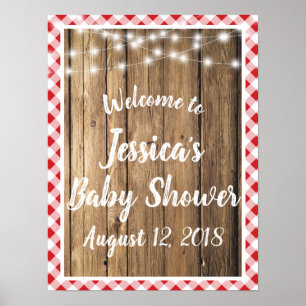 Red Gingham Rustic Wood Sting Lights Event Shower Poster