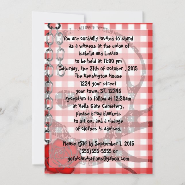Red Gingham Skull Rockabilly Goth Wedding Invitation (Front)