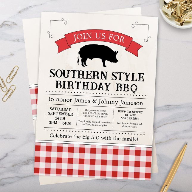 Red Gingham Southern BBQ Pig Roast Birthday Invitation (Southern Barbeque Birthday party cookout rustic gingham bbq celebration invitation)