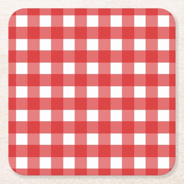 Red gingham square paper coaster (Front)