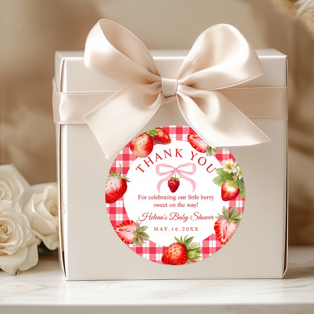 Red Gingham Strawberries Baby Shower Thank You Classic Round Sticker (Red Gihgham Strawberry Baby Shower Thank you stickers)
