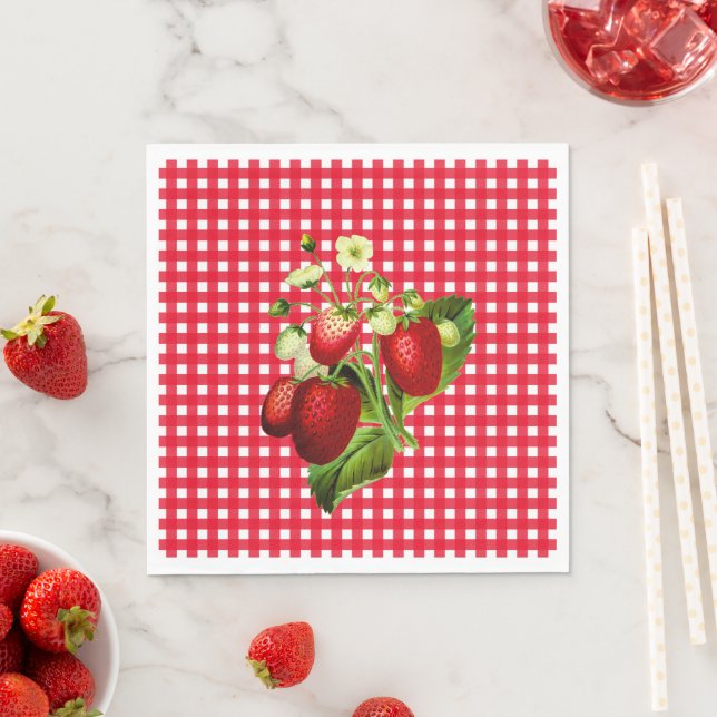 Red Gingham & Strawberries Luncheon Paper Napkin (Insitu)