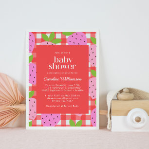 Red Gingham Strawberry Bold Baby Shower Girl Invitation