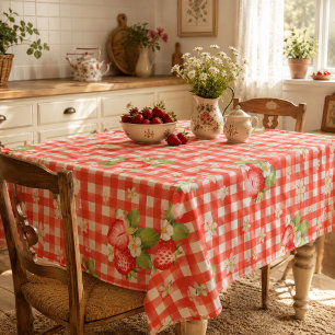 Red Gingham Strawberry Cottagecore Farmhouse Tablecloth