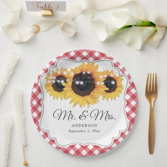 Red Gingham Sunflower Mr and Mrs Wedding Paper Plate (Wedding)