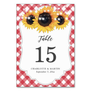 Red Gingham Sunflower Wedding Table Number Card