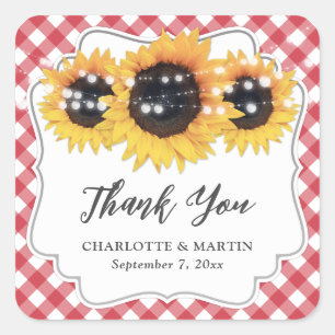 Red Gingham Sunflower Wedding Thank You Square Sticker