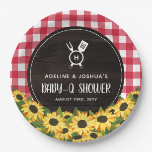Red Gingham & Sunflowers Rustic Baby-Q Shower Paper Plate