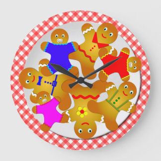 Red Gingham Tablecloth Plate of Gingerbread Men Large Clock