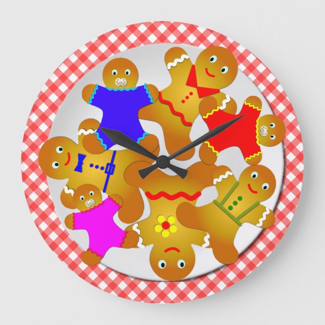 Red Gingham Tablecloth Plate of Gingerbread Men Large Clock (Front)