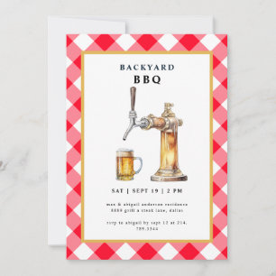 Red Gingham Tap & Beer Keg Backyard BBQ Party Invitation