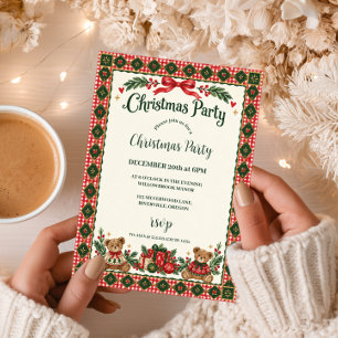 Red Gingham Teddy Bear Christmas Party Invitation